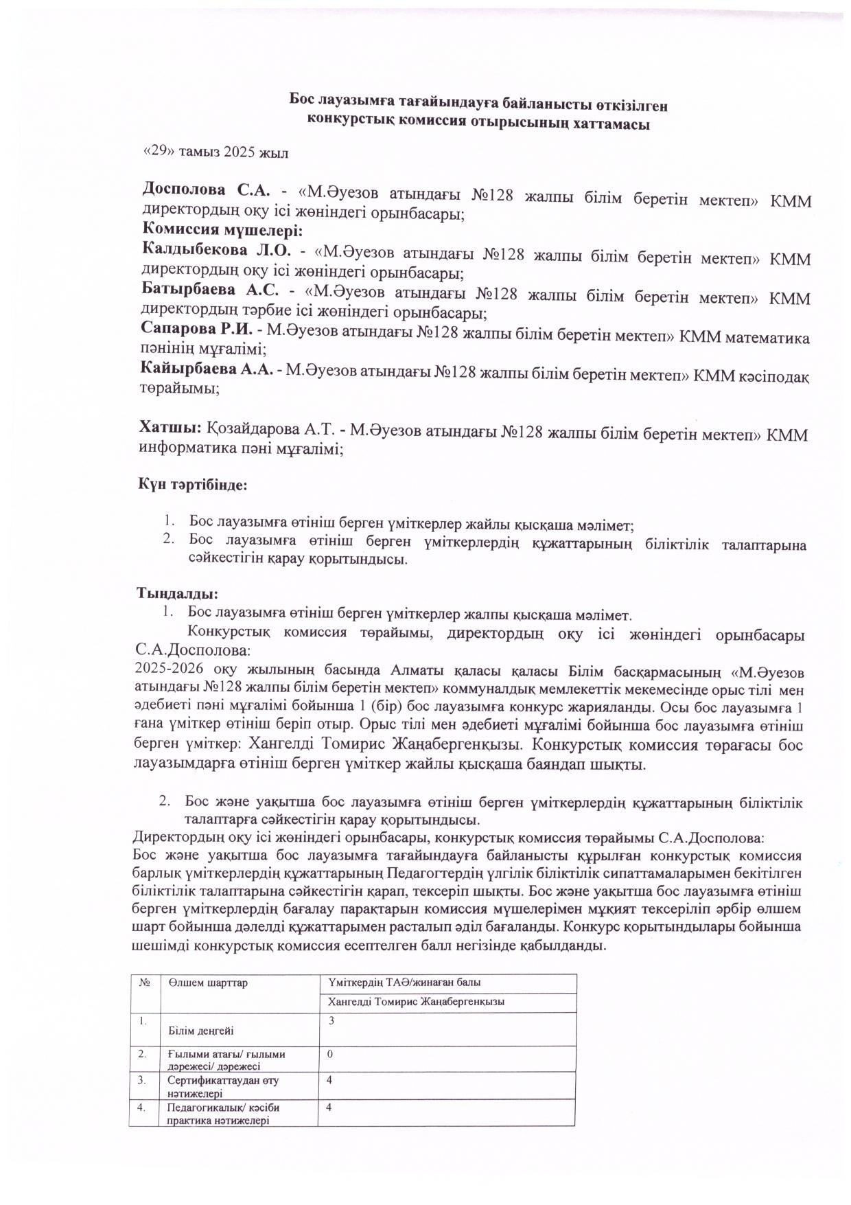 Бос лауазымға тағайындауға байланысты өткізілген конкурстық комиссия отырысының хаттамасы