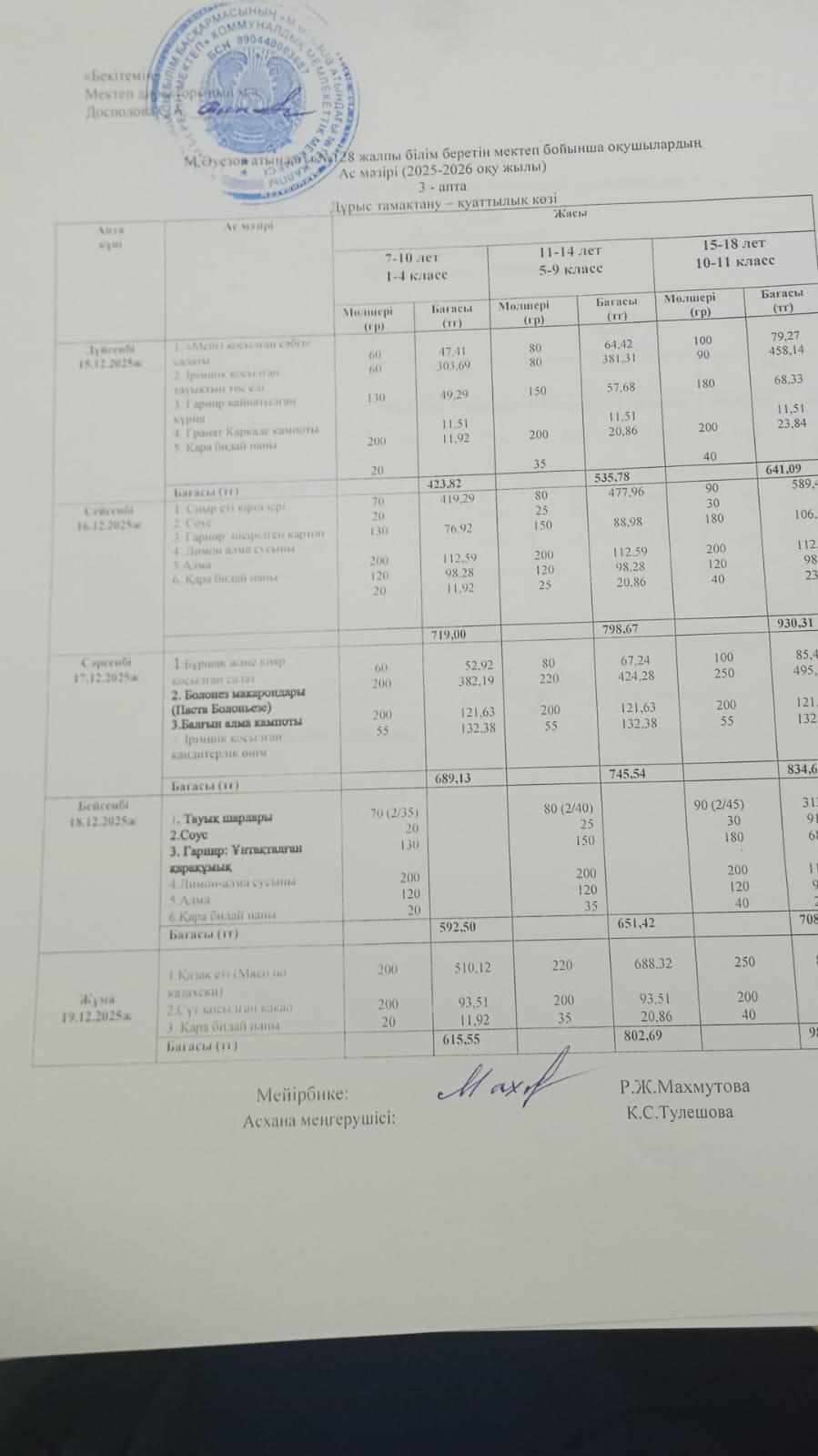 Ас мәзірі 3 апта