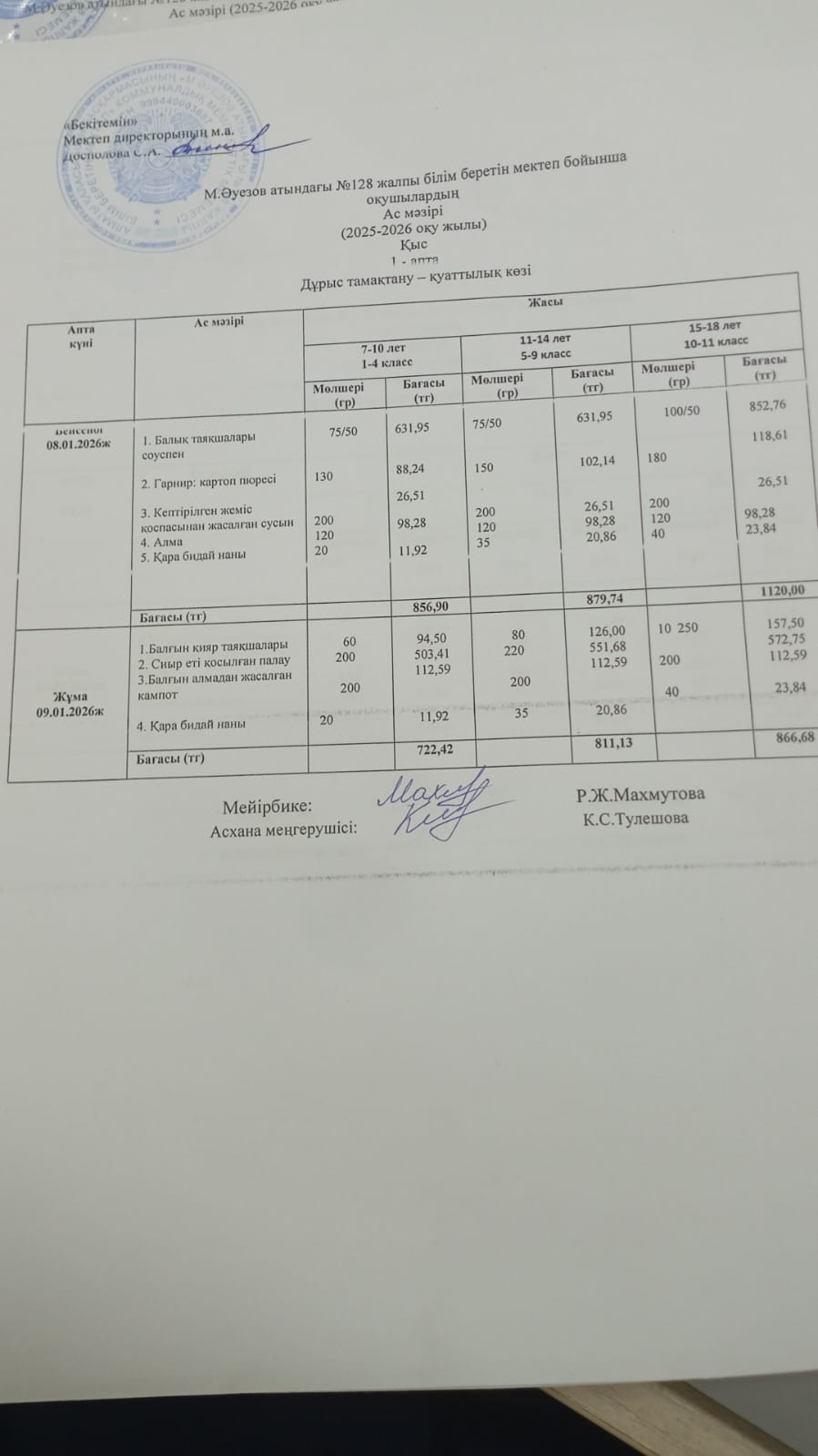 Ас мәзірі 1 апта 2026 ж