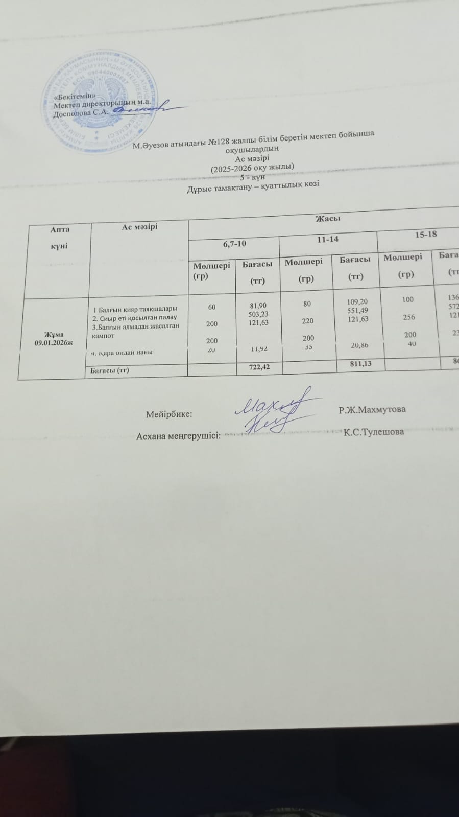 Ас мәзірі 1 апта 09,08,2026